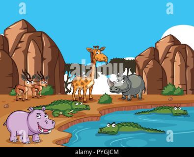 Many wild animals by pond illustration Stock Vector