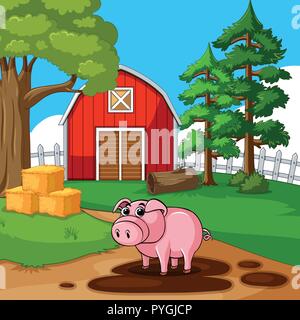Cute pig playing mud in the farm illustration Stock Vector