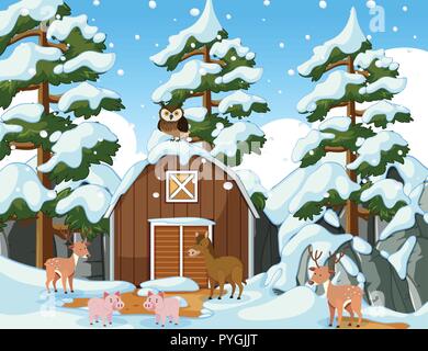 Many animals in the snow field illustration Stock Vector