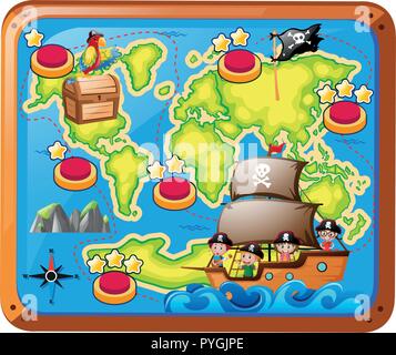 Treasure map with kids on the ship illustration Stock Vector