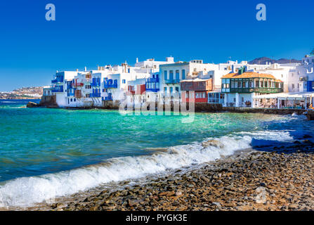 View of the famous pictorial Little Venice bay of Mykonos town in Mykonos island in Greece Stock Photo