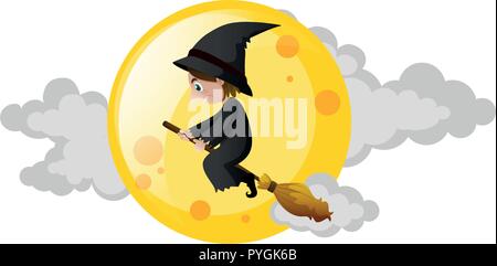 Witch flying on broom over the moon illustration Stock Vector