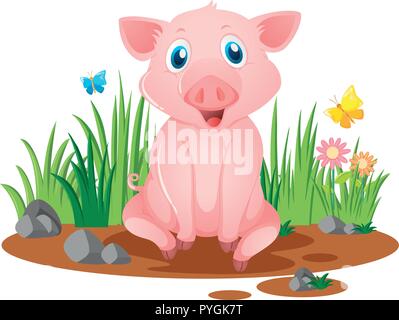 Little pig sitting in muddy puddle illustration Stock Vector
