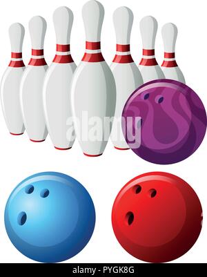 Bowling pins and balls in different colors illustration Stock Vector