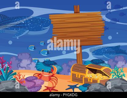 Wooden sign template with underwater theme illustration Stock Vector