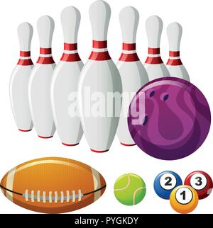 Bowling pins and different types of balls illustration Stock Vector