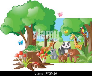 Wild animals in the forest illustration Stock Vector
