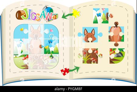 Jigsaw pieces of fox on the log illustration Stock Vector