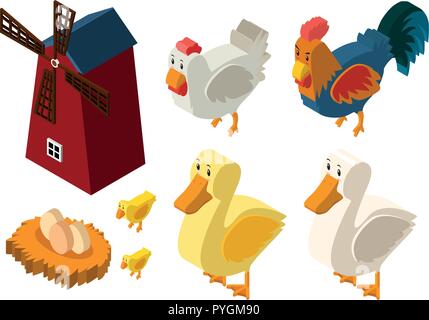 3D design for windmill and chickens illustration Stock Vector