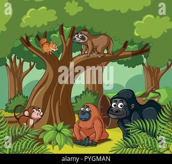 Scene with wild animals in the forest illustration Stock Vector