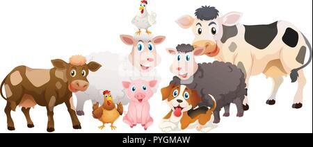Many types of farm animals illustration Stock Vector