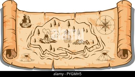 Treasure map on roll paper illustration Stock Vector