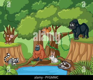Many wild animals in forest illustration Stock Vector