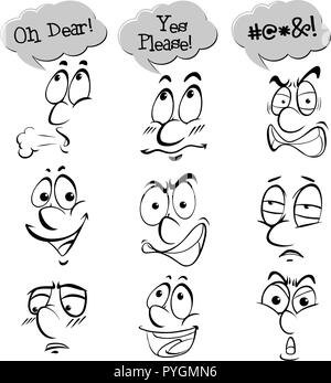 Different facial expressions with words illustration Stock Vector