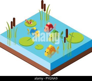 3D design for pond scene with fish and dragonfly illustration Stock Vector