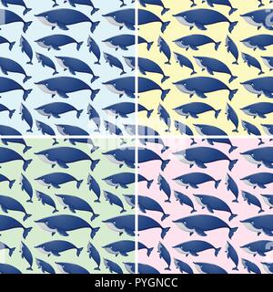 Seamless background templates with blue whales illustration Stock Vector