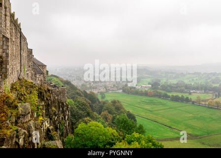 A spectacular view to countryside and suburbs from Stirling Castle walls in cloudy weather with fog and haze, Scotland Stock Photo