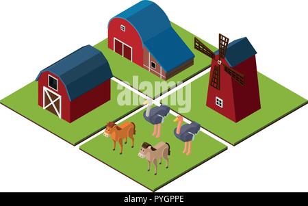 3D design for farm scene with barns and animals illustration Stock Vector