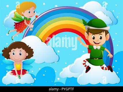 Fairies and elf over the rainbow illustration Stock Vector