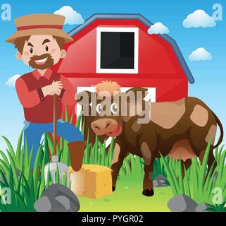 Farmer and farm animals in the farmyard illustration Stock Vector Image ...