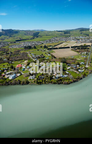 Lake Rotorua, and Owhata Marae, Hinemoa Point, and water from Sulphur Bay, Rotorua, North Island, New Zealand - aerial Stock Photo