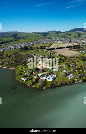 Lake Rotorua, and Owhata Marae, Hinemoa Point, and water from Sulphur Bay, Rotorua, North Island, New Zealand - aerial Stock Photo