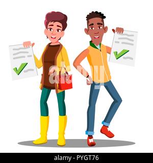 Happy Student Holding Paper With Excellent Test Exam Result Vector. Isolated Illustration Stock Vector