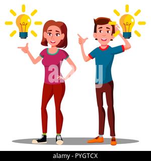 New Idea, Happy Teenager Guy, Girl With Bulb Over Head Vector. Isolated Illustration Stock Vector