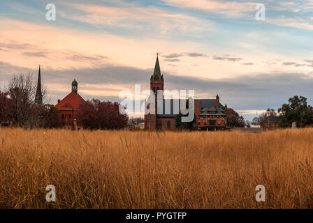 ROME, NEW YORK, - MAY 28, 2018: A cityscape shot of Saint Peter Church from Fort Stanwix roof, it is a Roman Catholic church located on 105 E Liberty  Stock Photo