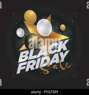 Vector Black Friday Sale poster design with star shape and 3d white, black and gold balloons. Elements are layered separately in vector file. Stock Vector