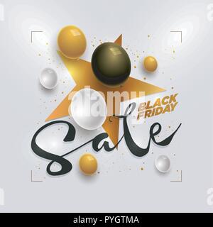 Vector Black Friday Sale poster design with star shape and 3d white, black and gold balloons. Elements are layered separately in vector file. Stock Vector