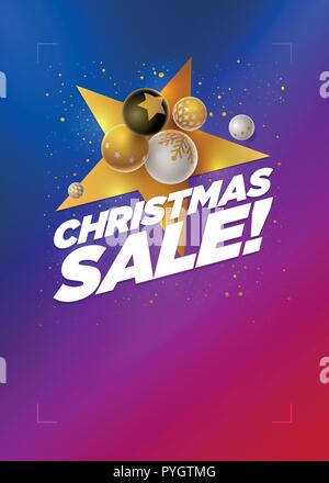 Vector Christmas Sale poster design template with 3d white, black and gold Christmas balls. Blue to red neon color gradient background. Vertical compo Stock Vector