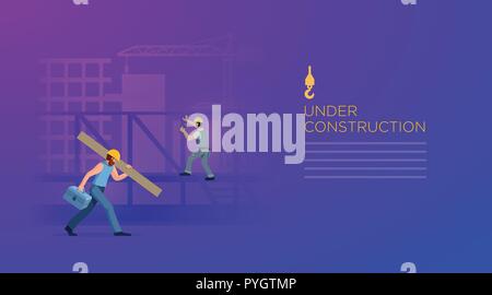 Building under construction with workers. Page design template. Vector illustration. Elements are layered separately in vector file. Stock Vector