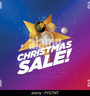 Vector Christmas Sale poster design template with 3d white, black and gold Christmas balls. Blue to red neon color gradient background. Elements are l Stock Vector