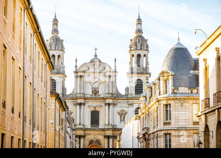 Street view with Notre-Dame cathedral during the morning light in Nancy city, France Stock Photo