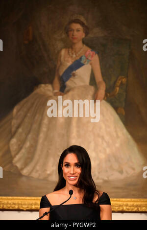 The Duchess of Sussex speaks at a reception hosted by the Governor-General celebrating the 125th anniversary of women's suffrage in New Zealand, at Government House in Wellington, New Zealand. Stock Photo