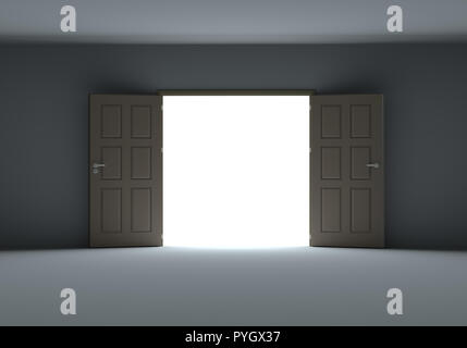 Doors opening to show bright light in the darkness Stock Photo