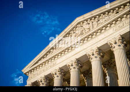 Equal Justice Under Law inscription close up on the neoclassical pediment of the US Supreme Court building in Washington DC, USA Stock Photo
