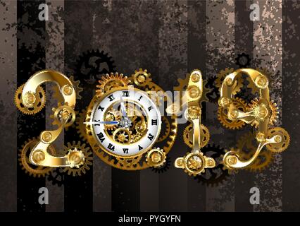 Gold steampunk numbers 2019 with an antique clock, with brass gears, on textured, brown, striped background. New Year. Stock Vector