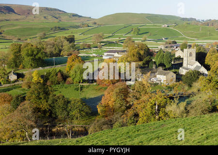 View of 16th Century St. Wilfrid's Church in village of Burnsall, Wharfedale, Yorkshire Dales, England, October Stock Photo