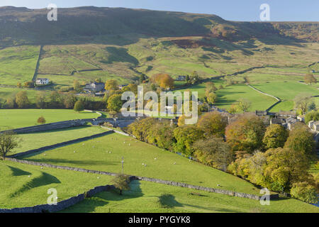 View of River Wharfe in valley bottom, Burnsall, Wharfedale, Yorkshire Dales, England, October Stock Photo
