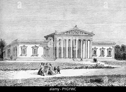 Antique engraving of the Munich Glyptothek, museum commissioned in neoclassical style by the Bavarian King Ludwig I to house his collection of Greek and Roman sculptures, built from 1816 to 1830 Stock Photo
