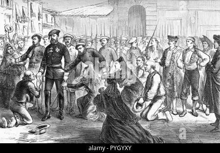 Civil war in spain - Don Carlos, Duke of Madrid ( Carlist claimant to the throne of Spain with the name of Carlos VII) returning from mass in a square at  Estella, residence of Navarra kings, year 1874, old print Stock Photo