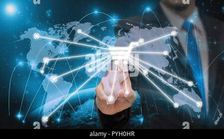 Businessman pointing or touching the shopping icon symbol on world map with Part of earth network line background, business connection concept,Element Stock Photo
