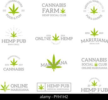 Set of retro vintage marijuana leaf, hemp, cannabis logo or insignia, emblems, labels and badges and other branding objects. Vector line style Stock Vector
