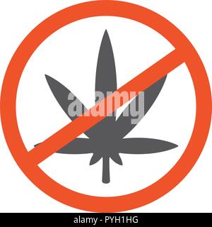 No marijuana leaf symbol design illustration. Forbidden sign with cannabis icon isolated on white background. Red line cross in circle with hemp Stock Vector