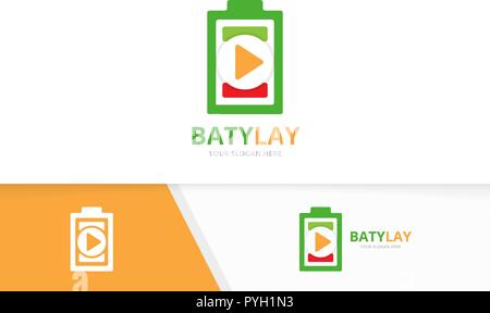 Vector battery and play button logo combination. Energy and record symbol or icon. Unique accumulator and connect logotype design template. Stock Vector
