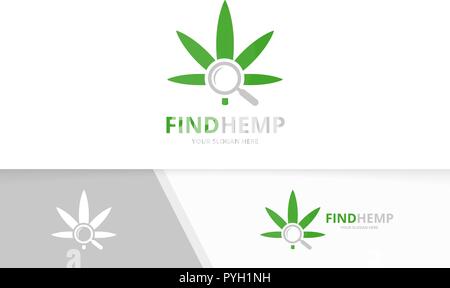 Vector marijuana leaf and loupe logo combination. Hemp and magnifying symbol or icon. Unique cannabis and search logotype design template. Stock Vector