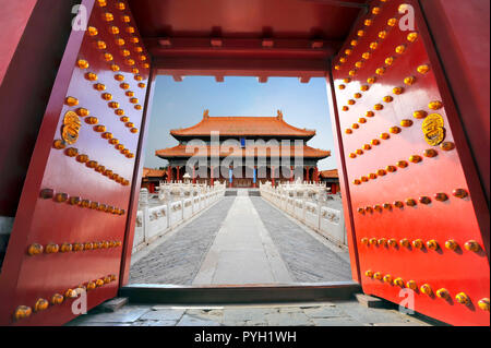 Forbidden city in Beijing , China  with big red palace doors Stock Photo