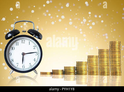 stacks of gold coins step with the vintage clock on Abstract photo of chrismas background, investment and financial concept Stock Photo